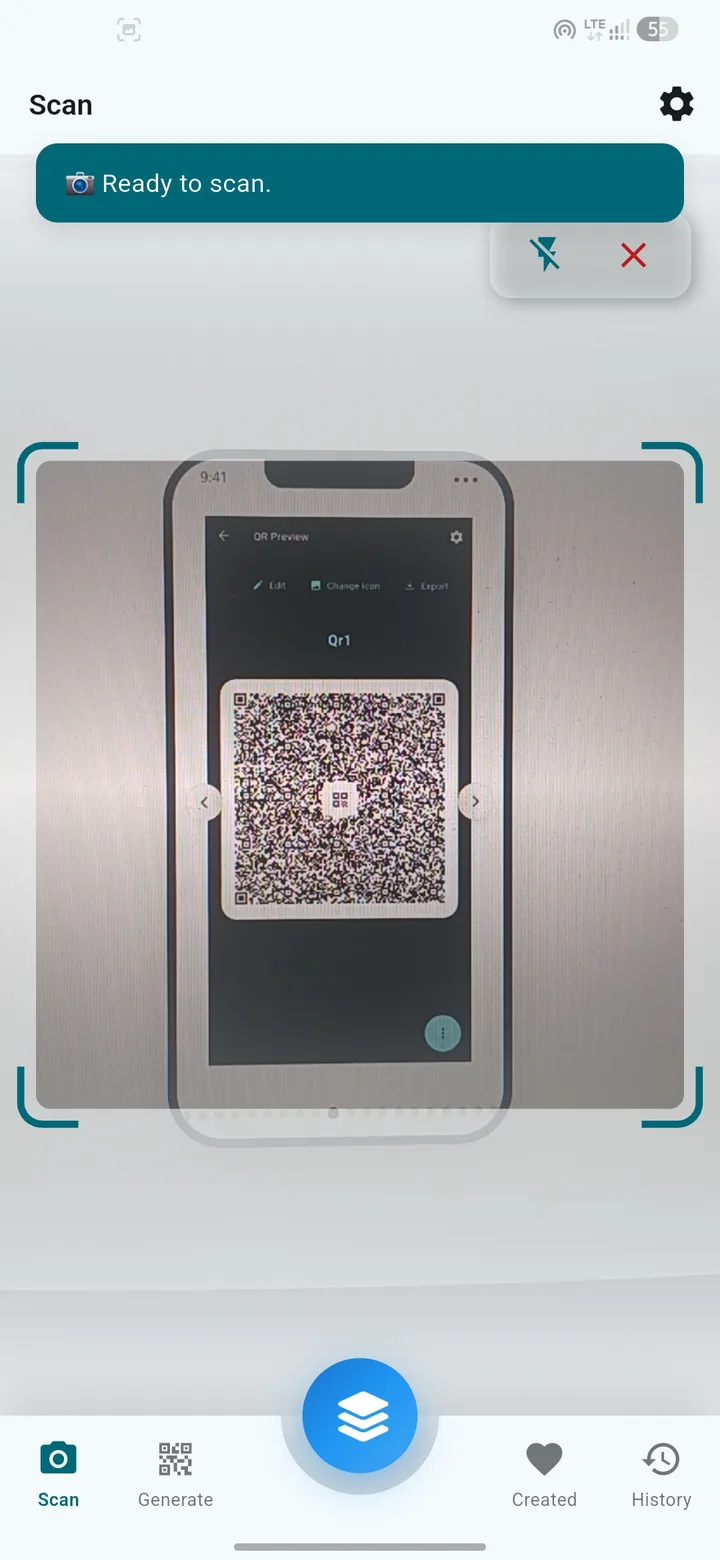 QR Snap live camera scan with a QR code in the viewfinder